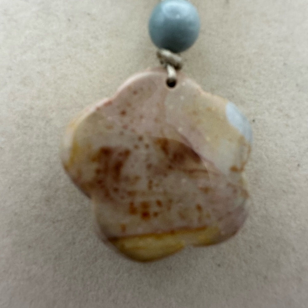 Polychrome Rose Pendant Necklace with Jade Bead on Beige Adjustable Rope - Picture 5 of 8